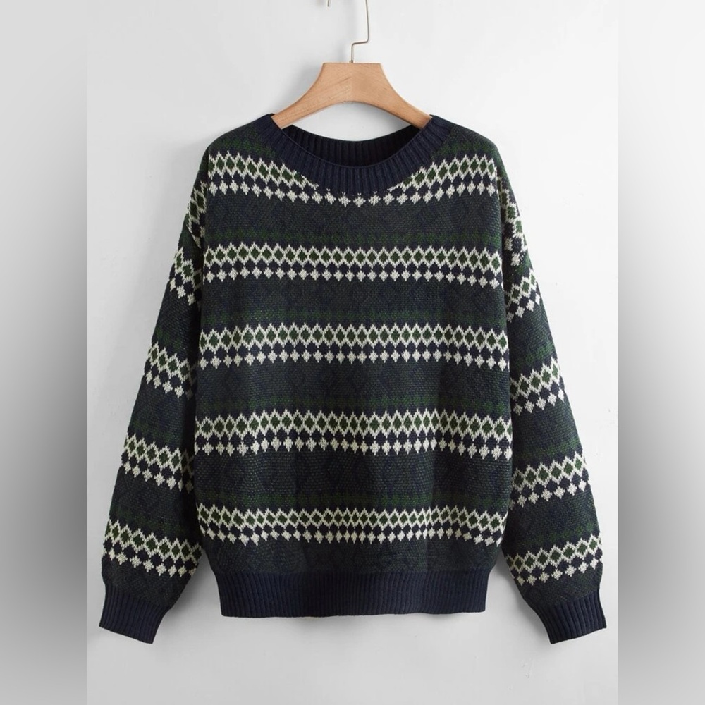 Drop Shoulder Argyle Pattern Sweater